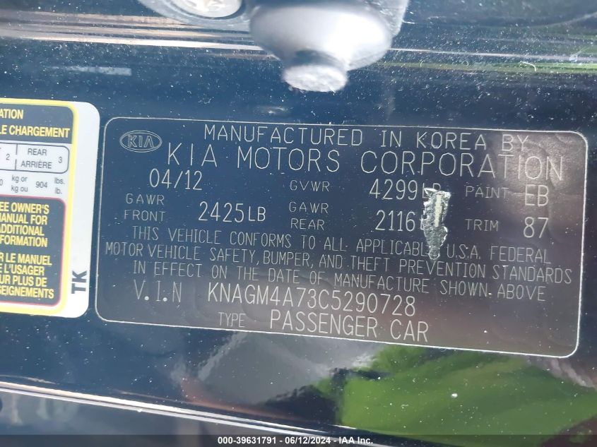 2012 Kia Optima Lx VIN: KNAGM4A73C5290728 Lot: 39631791