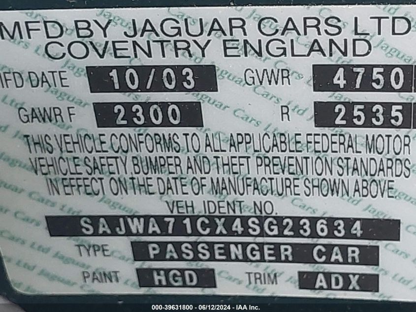 2004 Jaguar Xj Xj8 VIN: SAJWA71CX4SG23634 Lot: 39631800