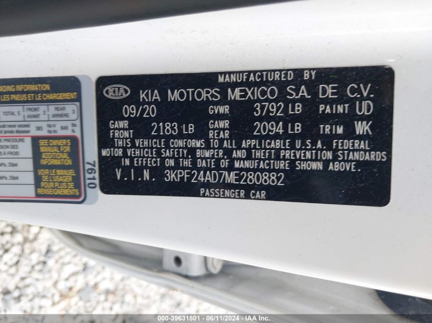 2021 Kia Forte Lxs VIN: 3KPF24AD7ME280882 Lot: 39631801