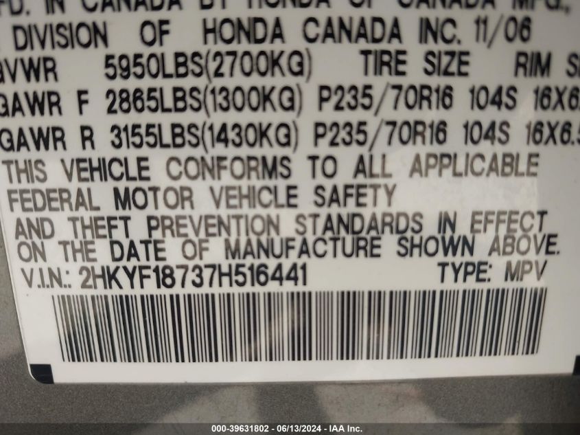 2007 Honda Pilot Ex-L VIN: 2HKYF18737H516441 Lot: 39631802