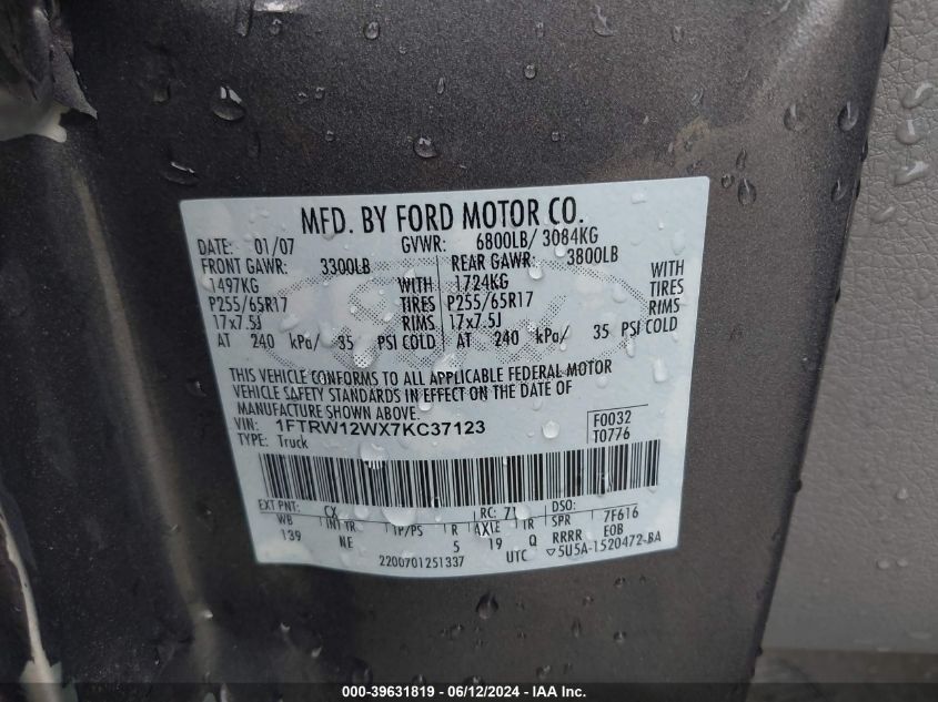 2007 Ford F-150 Xlt VIN: 1FTRW12WX7KC37123 Lot: 39631819