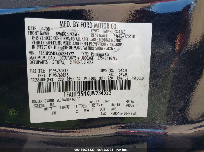 2008 Ford Focus Se/Ses VIN: 1FAHP35NX8W234522 Lot: 39631820