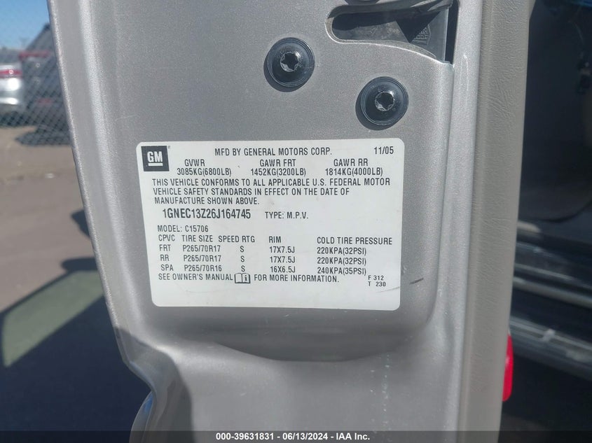 2006 Chevrolet Tahoe Lt VIN: 1GNEC13Z26J164745 Lot: 39631831