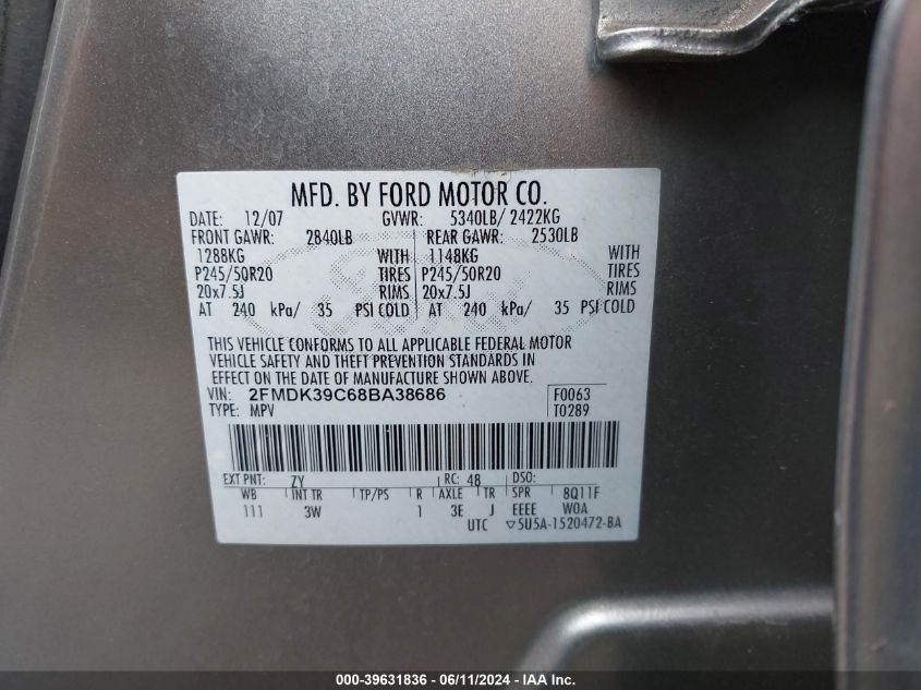 2008 Ford Edge Limited VIN: 2FMDK39C68BA38686 Lot: 39631836