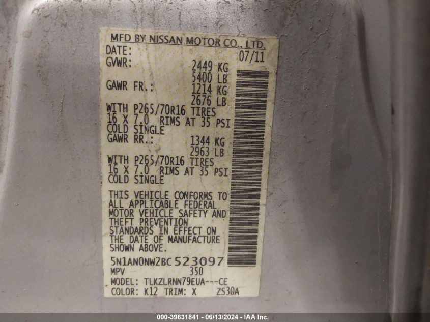 2011 Nissan Xterra S VIN: 5N1AN0NW2BC523097 Lot: 39631841