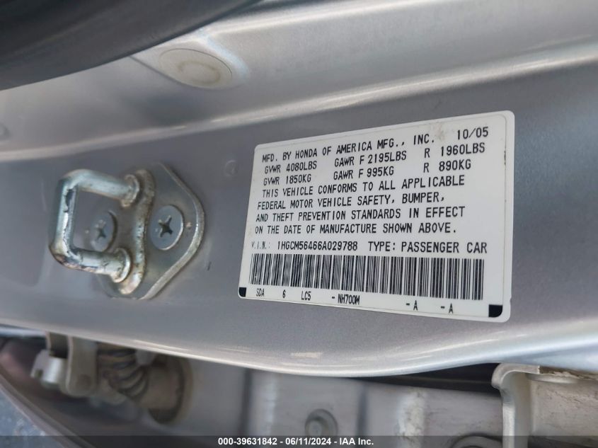 2006 Honda Accord 2.4 Lx VIN: 1HGCM56466A029788 Lot: 39631842