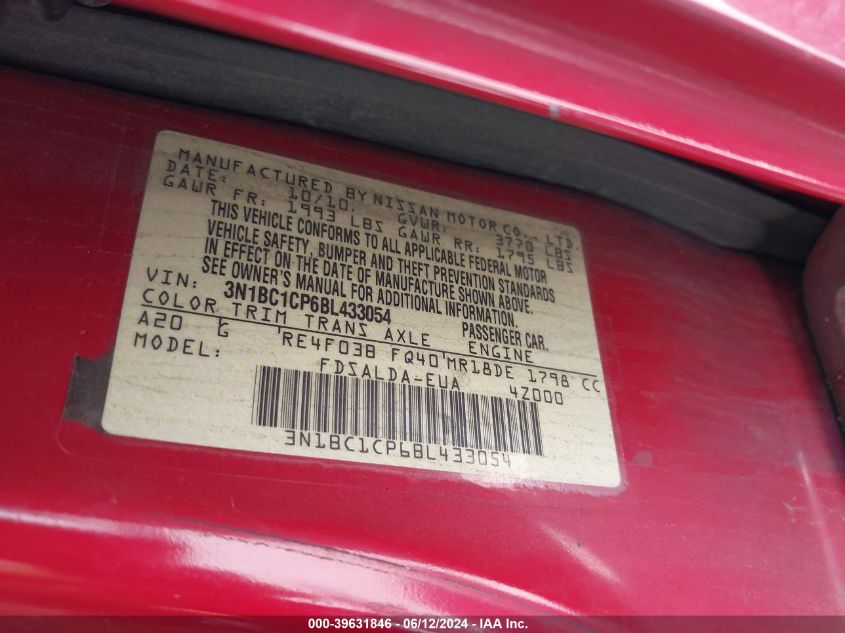 2011 Nissan Versa 1.8S VIN: 3N1BC1CP6BL433054 Lot: 39631846