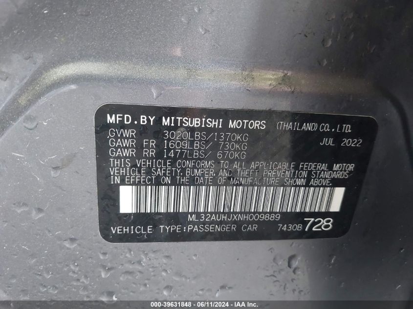 2022 Mitsubishi Mirage Es/Le VIN: ML32AUHJXNH009889 Lot: 39631848