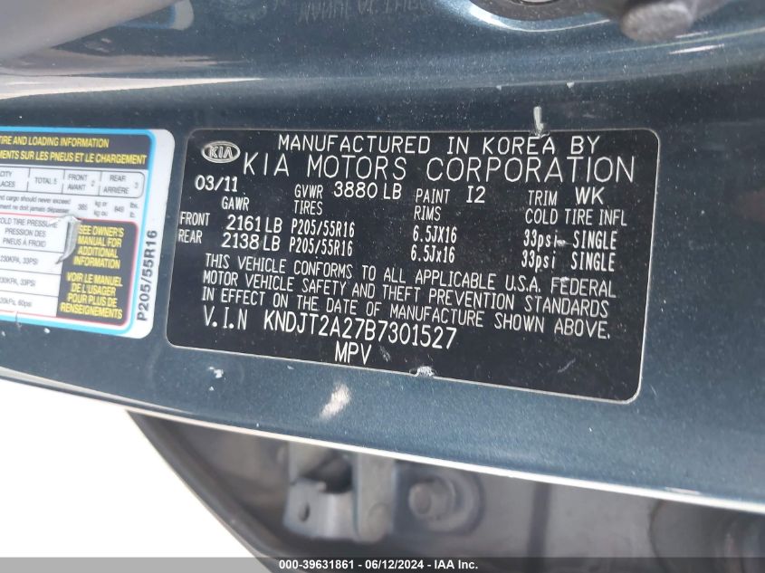 2011 Kia Soul + VIN: KNDJT2A27B7301527 Lot: 39631861