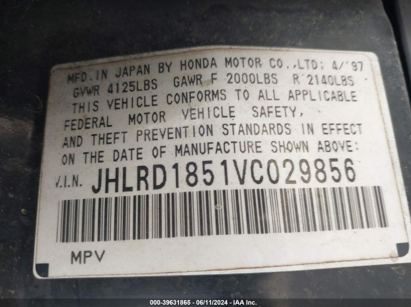1997 Honda Cr-V VIN: JHLRD1851VC029856 Lot: 39631865