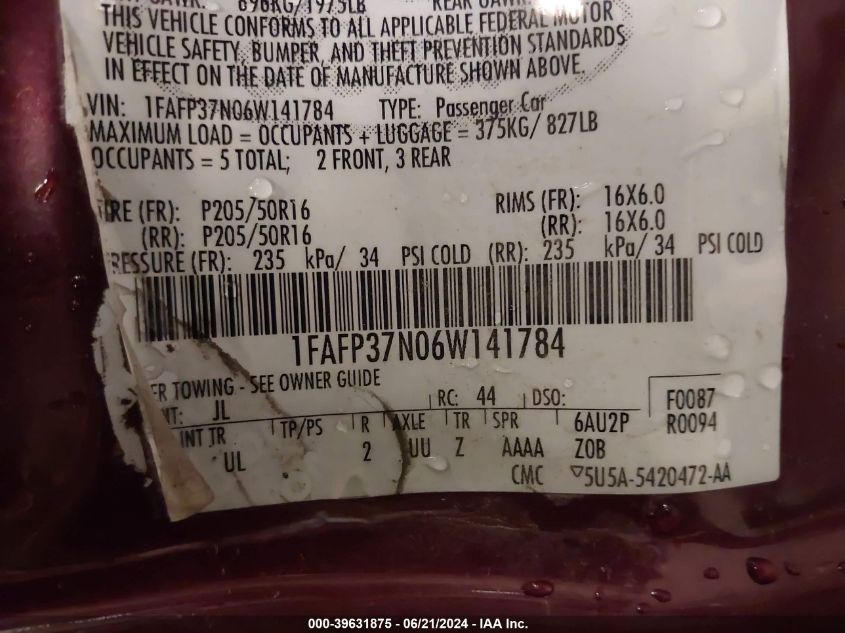 2006 Ford Focus Zx5 VIN: 1FAFP37N06W141784 Lot: 39631875