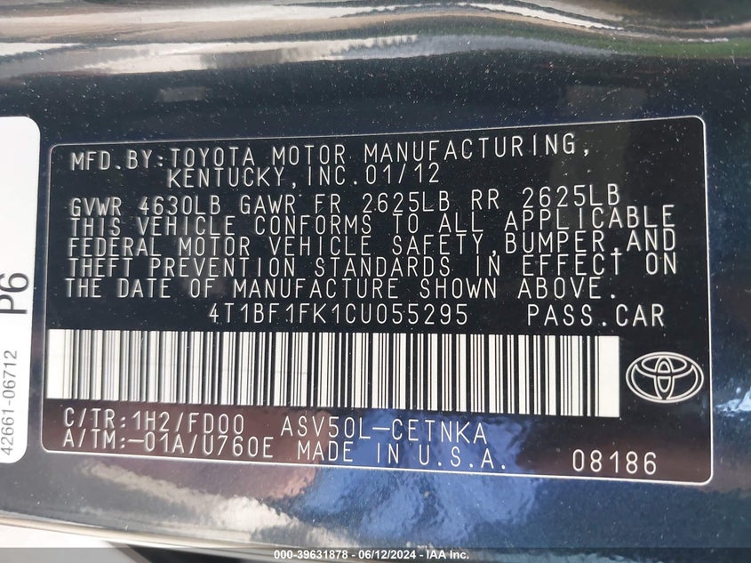 2012 Toyota Camry Le VIN: 4T1BF1FK1CU055295 Lot: 39631878