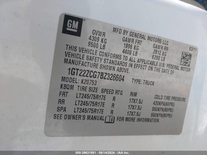 2011 GMC Sierra 2500Hd Work Truck VIN: 1GT22ZCG7BZ326604 Lot: 39631881