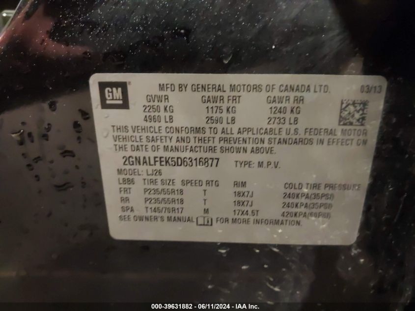 2013 Chevrolet Equinox Ltz VIN: 2GNALFEK5D6316877 Lot: 39631882