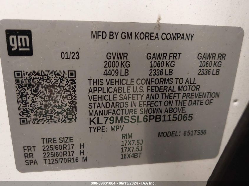 2023 Chevrolet Trailblazer Awd Activ VIN: KL79MSSL6PB115065 Lot: 39631884