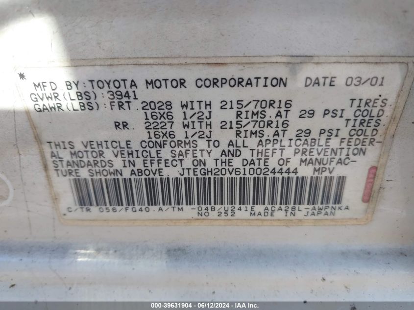 2001 Toyota Rav4 VIN: JTEGH20V610024444 Lot: 39631904