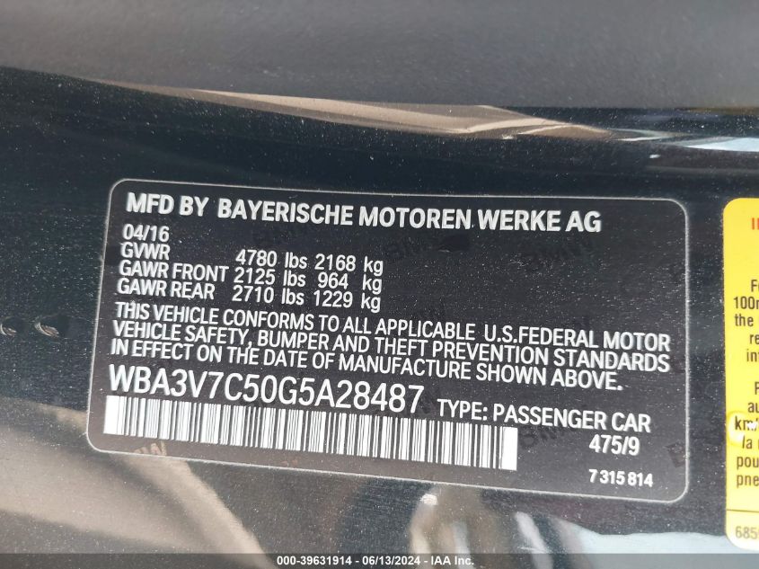 2016 BMW 428I VIN: WBA3V7C50G5A28487 Lot: 39631914