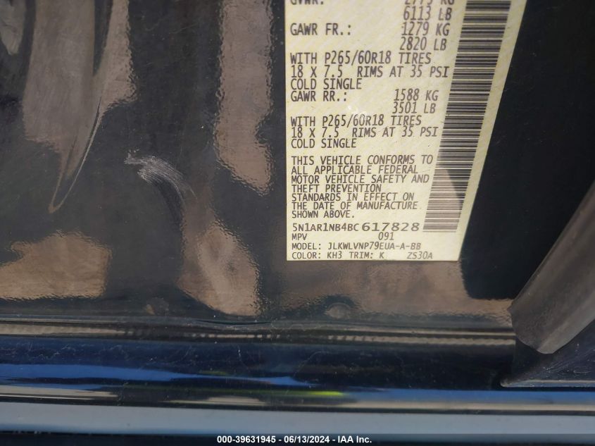 2011 Nissan Pathfinder Le VIN: 5N1AR1NB4BC617828 Lot: 39631945