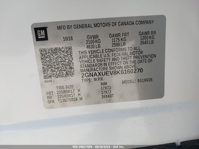 2019 Chevrolet Equinox Lt VIN: 2GNAXUEV8K6160270 Lot: 39631950