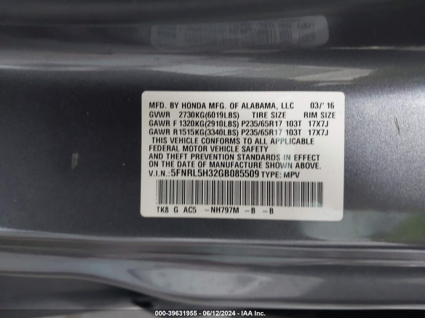 2016 Honda Odyssey Se VIN: 5FNRL5H32GB085509 Lot: 39631955