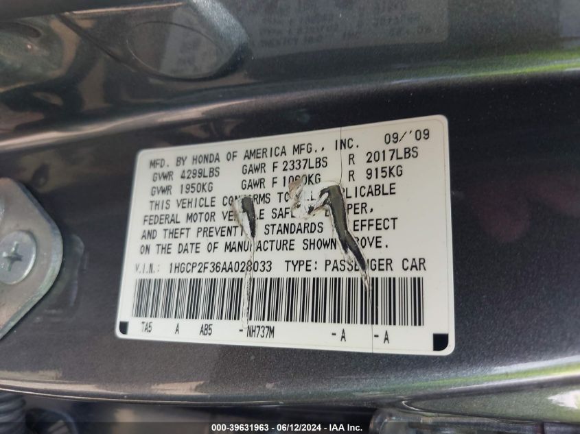 2010 Honda Accord 2.4 Lx VIN: 1HGCP2F36AA028033 Lot: 39631963