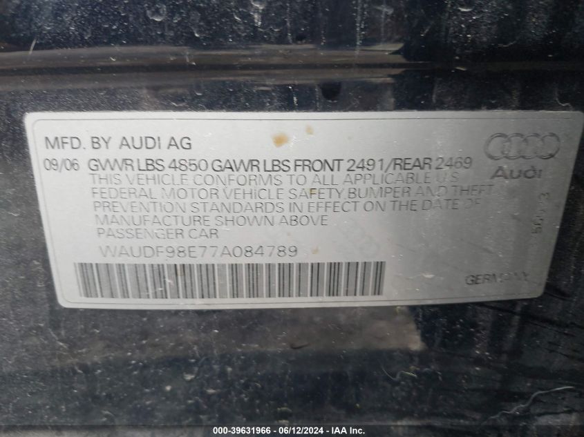 2007 Audi A4 2.0T VIN: WAUDF98E77A084789 Lot: 39631966