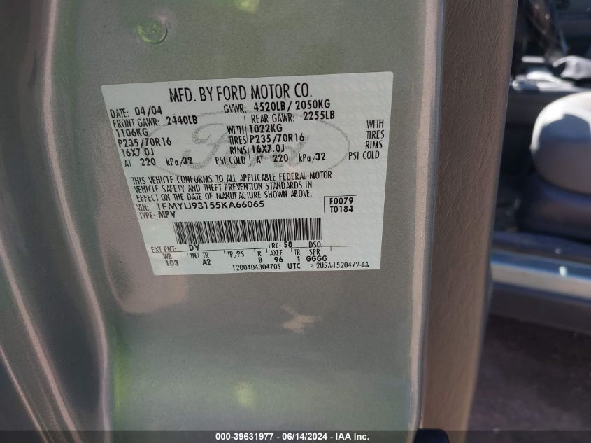 2005 Ford Escape Xlt VIN: 1FMYU93155KA66065 Lot: 39631977