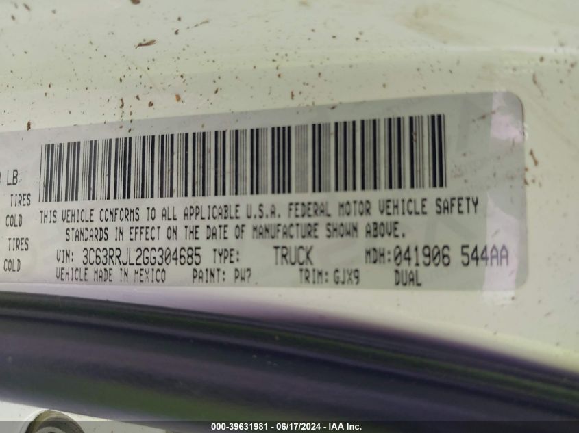 2016 Ram 3500 Laramie VIN: 3C63RRJL2GG304685 Lot: 39631981