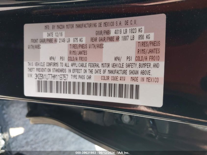 2017 Mazda Mazda3 Sport VIN: 3MZBN1U77HM119757 Lot: 39631983
