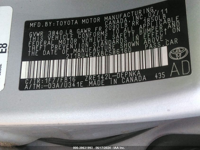 2011 Toyota Corolla Le VIN: 2T1BU4EEXBC586160 Lot: 39631993