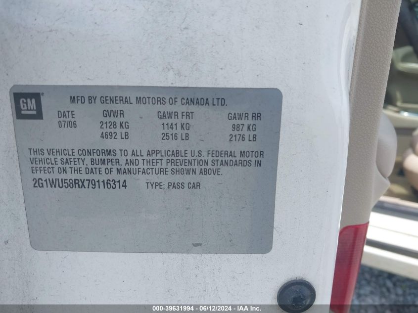 2007 Chevrolet Impala Ltz VIN: 2G1WU58RX79116314 Lot: 39631994