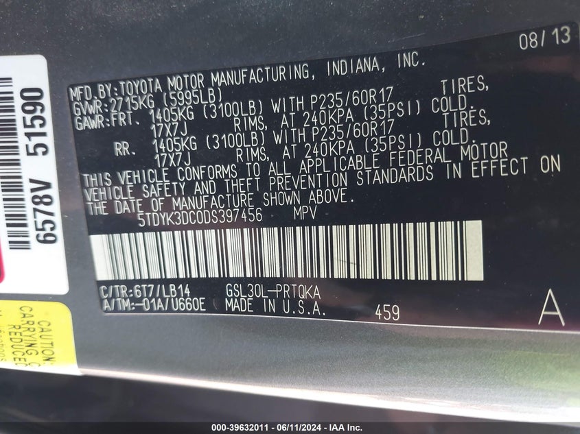 2013 Toyota Sienna Xle V6 8 Passenger VIN: 5TDYK3DC0DS397456 Lot: 39632011