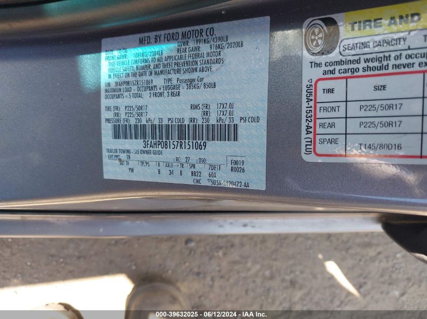 2007 Ford Fusion Sel VIN: 3FAHP08157R151069 Lot: 39632025