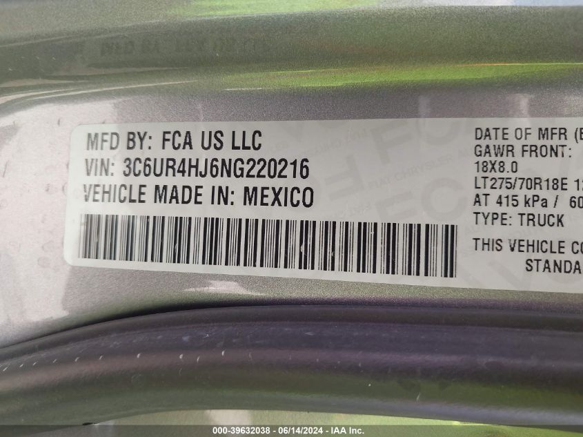 2022 Ram 2500 Tradesman 4X2 8' Box VIN: 3C6UR4HJ6NG220216 Lot: 39632038