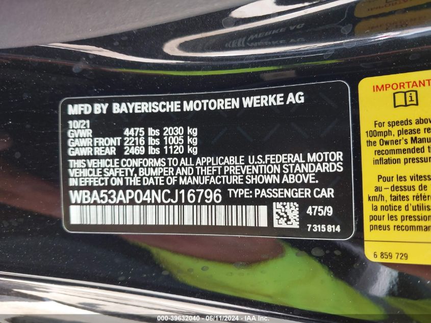 2022 BMW 430I VIN: WBA53AP04NCJ16796 Lot: 39632040