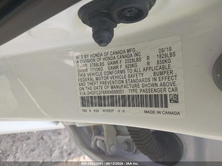 2019 Honda Civic Sport VIN: 2HGFC2F8XKH599001 Lot: 39632041