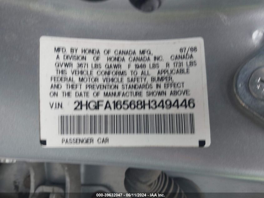 2HGFA16568H349446 2008 Honda Civic Lx