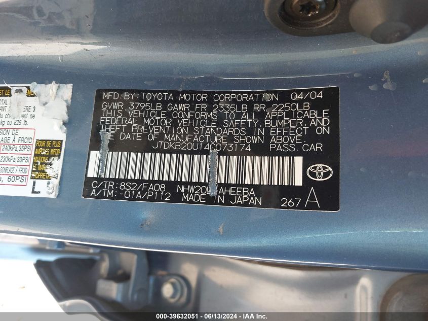 2004 Toyota Prius VIN: JTDKB20U140073174 Lot: 39632051