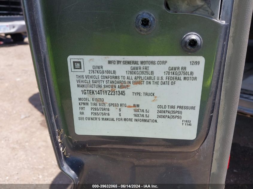 2000 GMC Sierra 1500 Sle VIN: 1GTEK14T1YZ231345 Lot: 39632065
