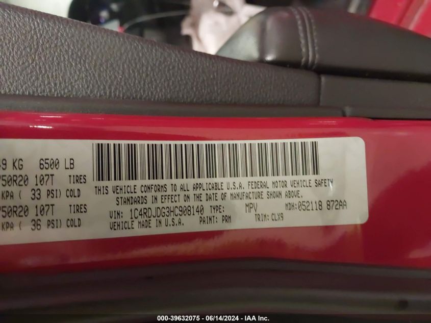 2017 Dodge Durango Gt Awd VIN: 1C4RDJDG3HC908140 Lot: 39632075