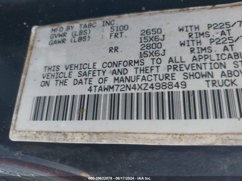 1999 Toyota Tacoma VIN: 4TAWM72N4XZ498849 Lot: 39632078