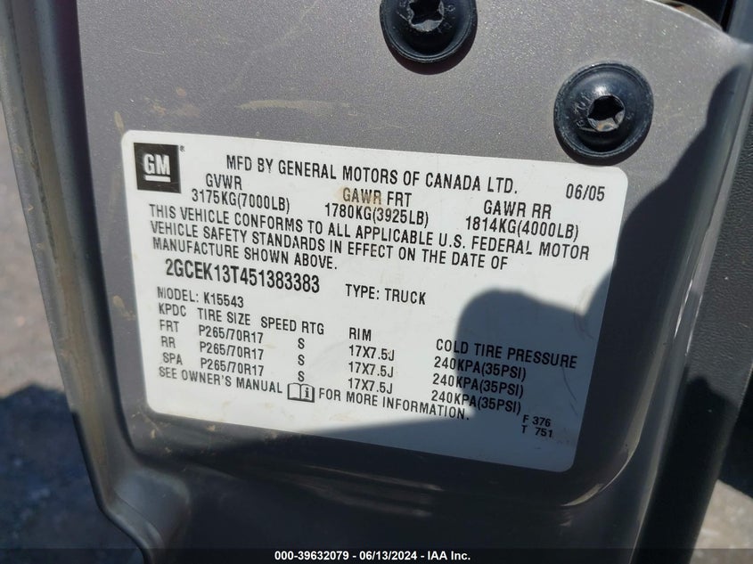 2005 Chevrolet Silverado 1500 Ls VIN: 2GCEK13T451383383 Lot: 39632079