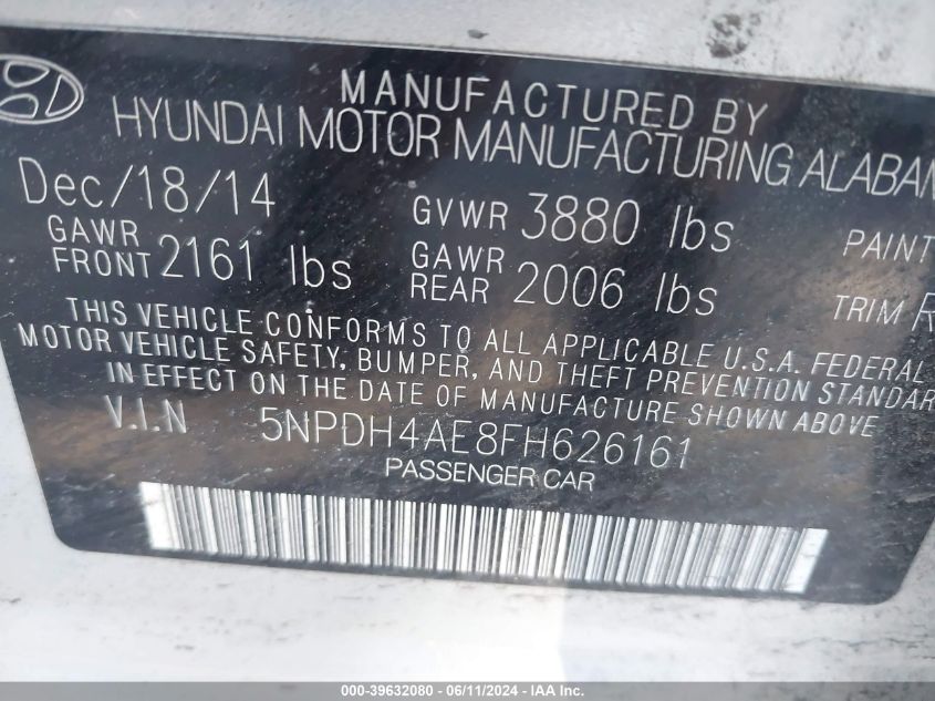 2015 Hyundai Elantra Se VIN: 5NPDH4AE8FH626161 Lot: 39632080