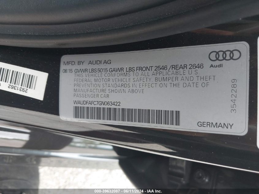 2016 Audi A6 2.0T Premium Plus VIN: WAUDFAFC7GN063422 Lot: 39632087