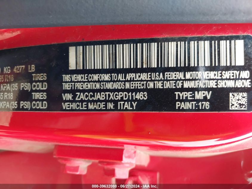 2016 Jeep Renegade Latitude VIN: ZACCJABTXGPD11463 Lot: 39632088