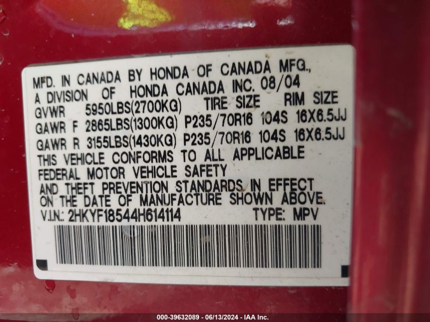 2004 Honda Pilot Ex-L VIN: 2HKYF18544H614114 Lot: 39632089