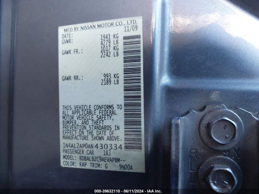 2010 Nissan Altima 2.5 S VIN: 1N4AL2AP0AN430334 Lot: 39632110