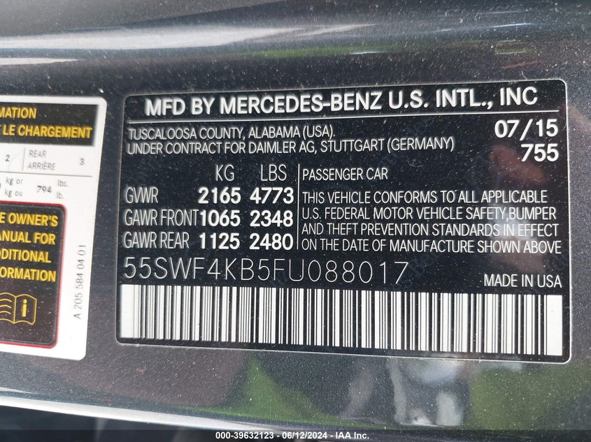 2015 Mercedes-Benz C 300 4Matic/Luxury 4Matic/Sport 4Matic VIN: 55SWF4KB5FU088017 Lot: 39632123