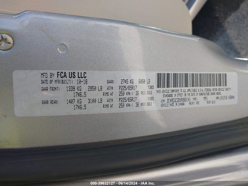 2019 Dodge Grand Caravan Sxt VIN: 2C4RDGCG5KR565141 Lot: 39632127