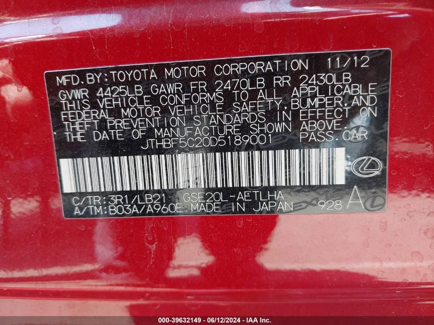 2013 Lexus Is 250 VIN: JTHBF5C20D5189001 Lot: 39632149